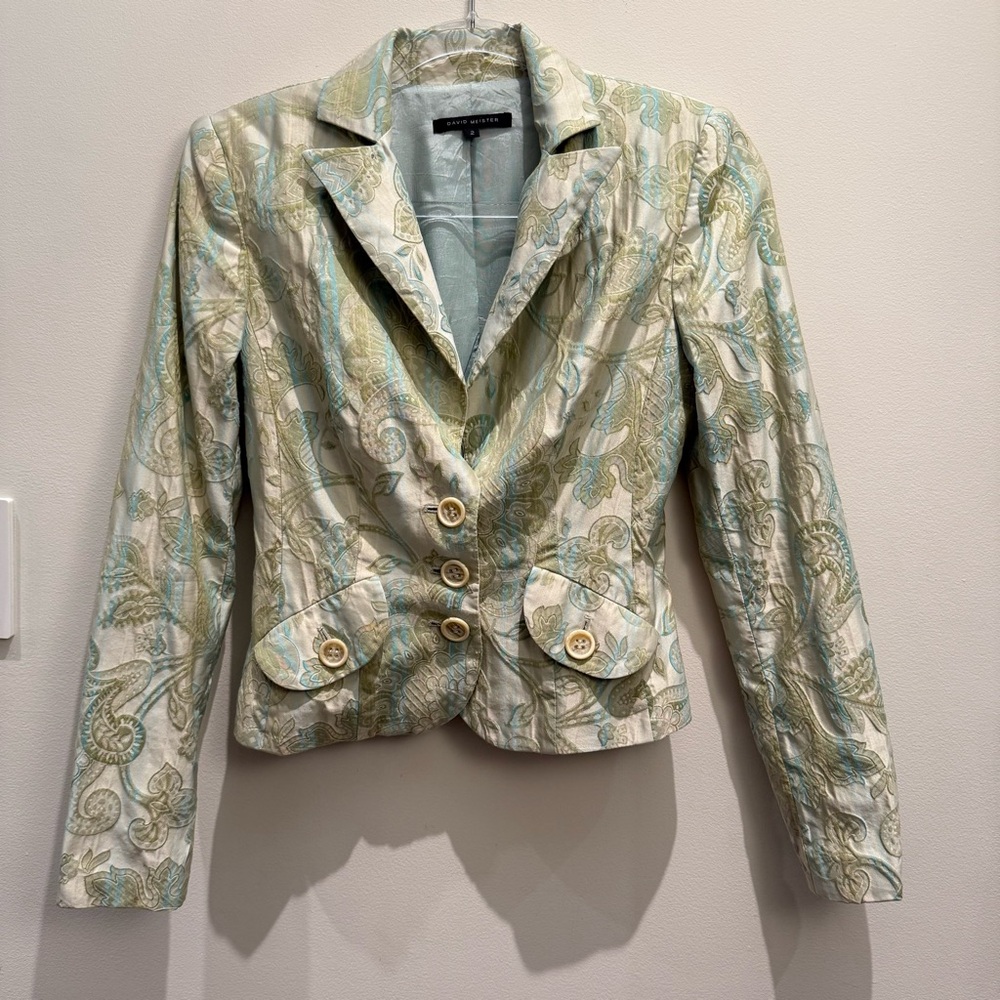 David Meister Cream and Green Patterned Floral Blazer Size 2